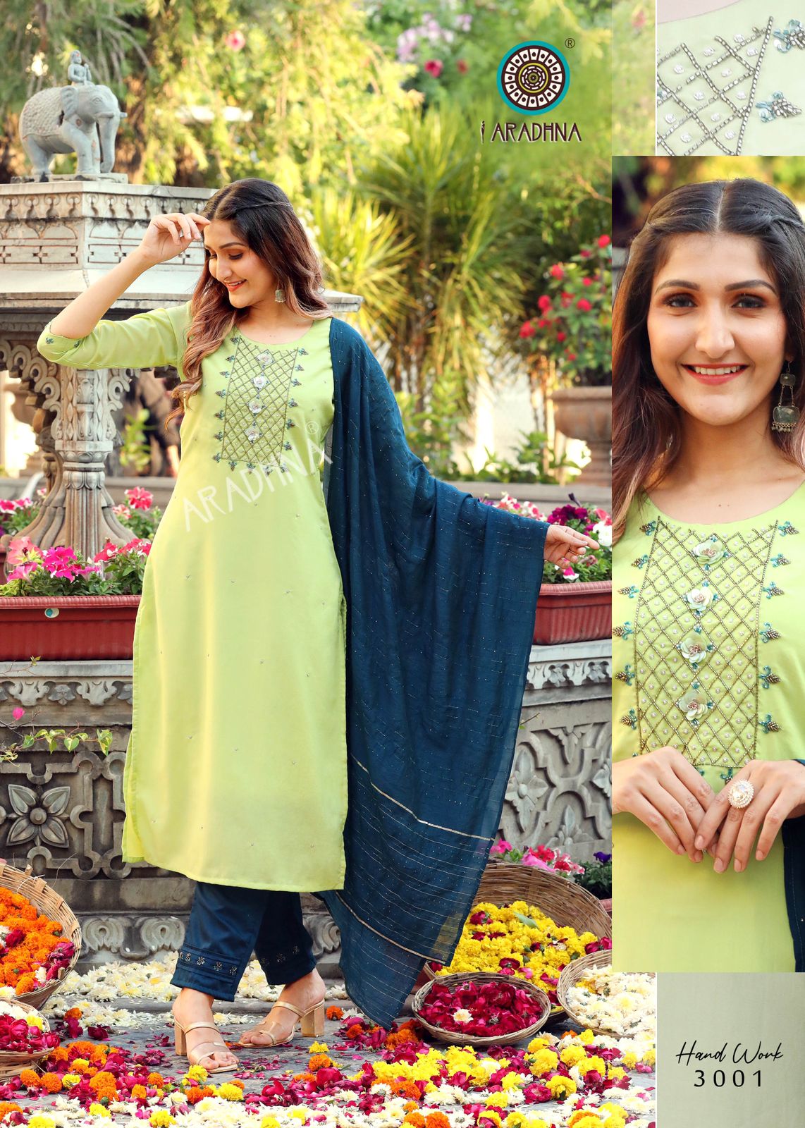 Aradhna Hand Work 3 Heavy Stylish Party Wear Kurti With Pant And Dupatta Readymade Collection